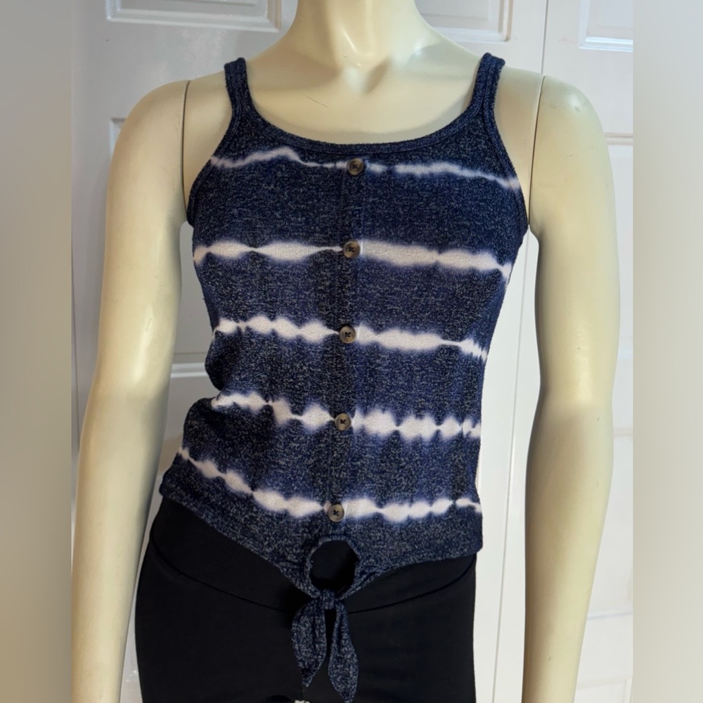 Justice Girls Navy Blue Tie-Dye Button Front Tank Top w/ Tie Hem EUC | Size 8
